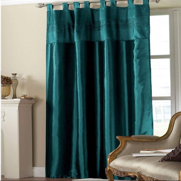 Teal Embroidered Sequin Taffeta Curtain Brands - Picture 1 of 1